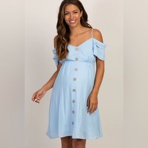 PinkBlush Light Blue Button Accent Open Shoulder Maternity Dress - Baby Shower